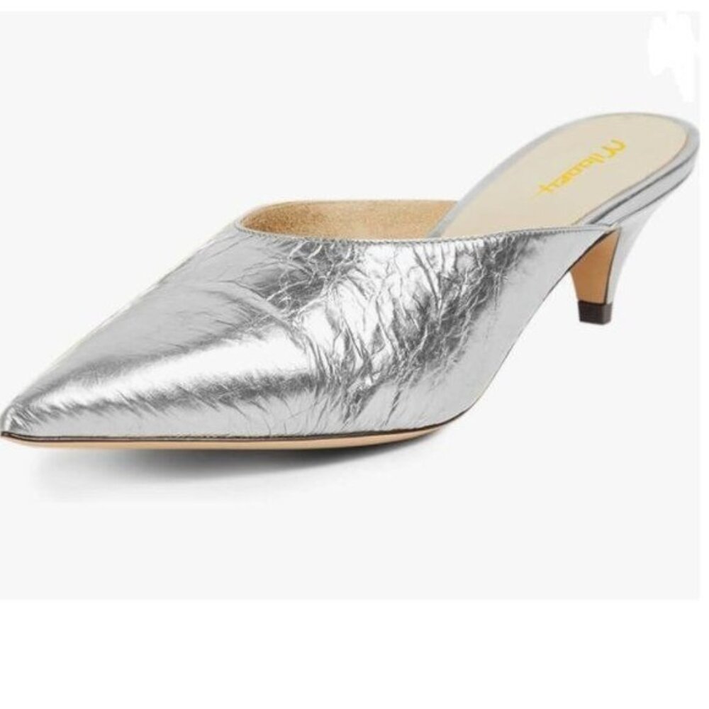 Milooey Silver Low Heel Mules Closed Pointed Toe Slide Sandals Comfort Shoes